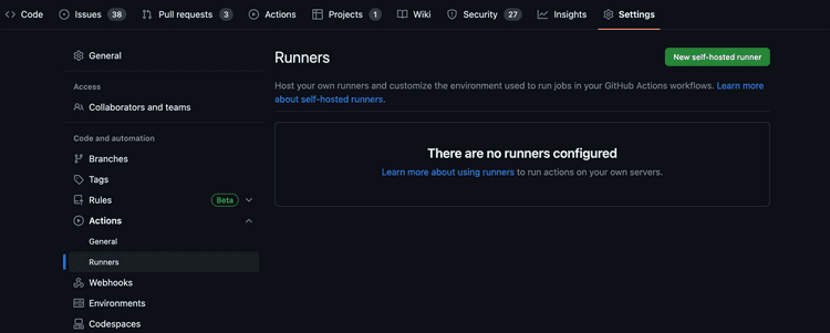 Github UI runners page