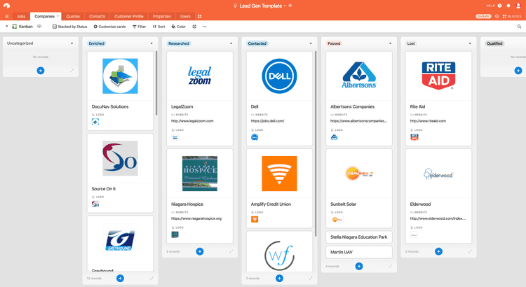 airtable companies kanban board