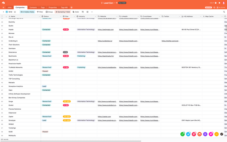 An example table which contains companies extracted as sales leads and recorded in an Airtable base