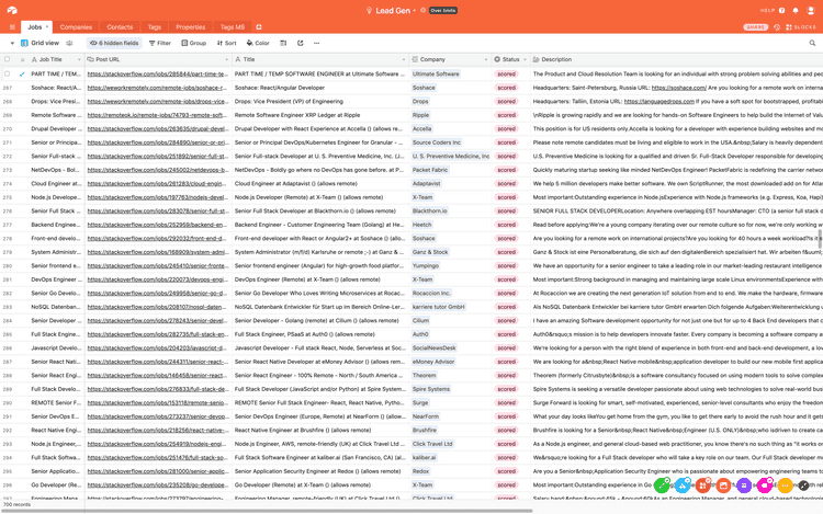 An example table which contains jobs extracted as sales leads and recorded in an Airtable base